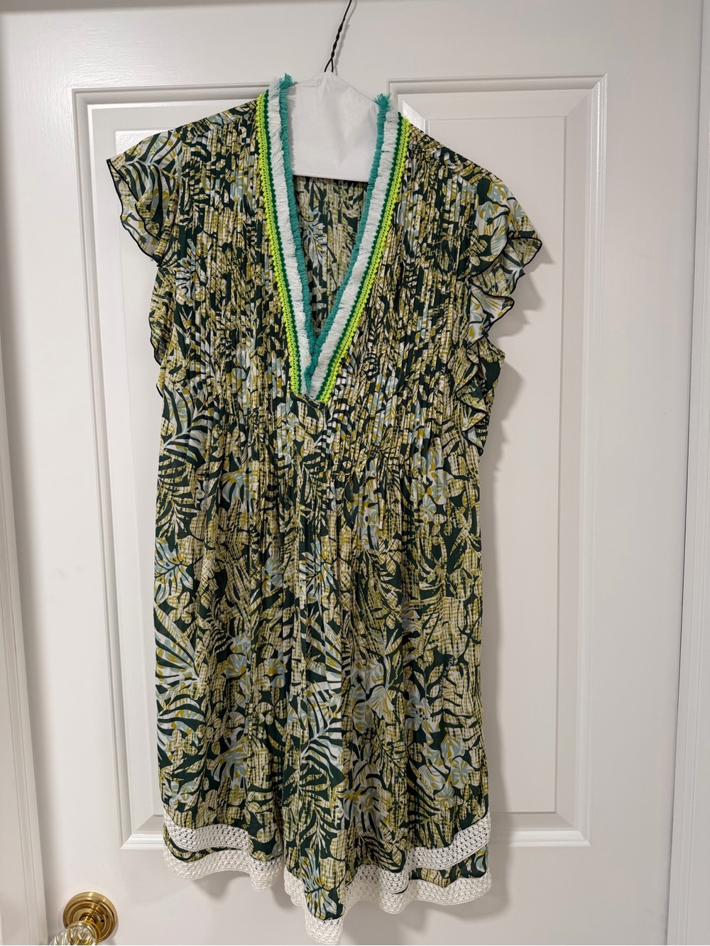 Poulette St. Barth Tropical Print Pleated Tunic Dress / Beach Cover-Up